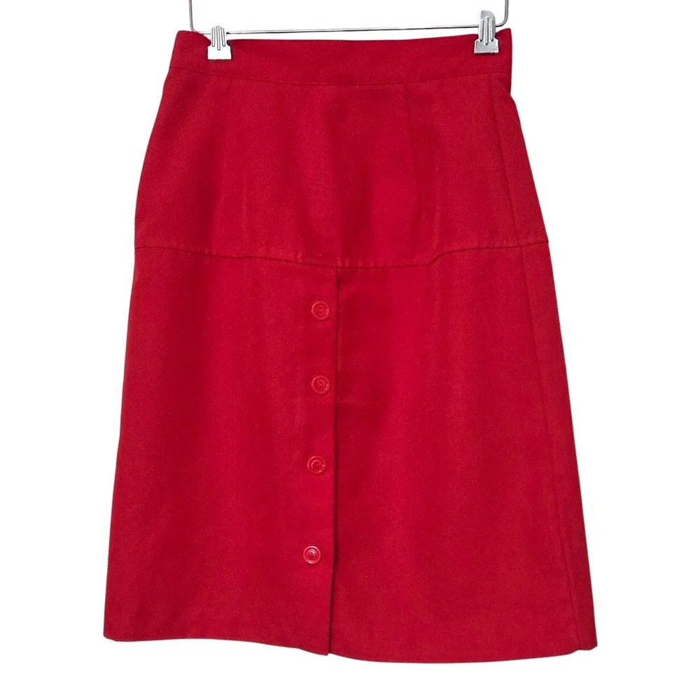 Vintage Sears Retro Preppy Red A-Line Midi Skirt Button Back Detail Size XS‎ - S